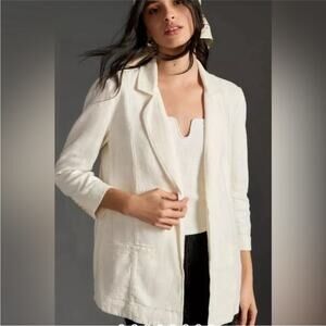 By Anthropologie White Linen Tulip Hem Relaxed Blazer 0 / XS